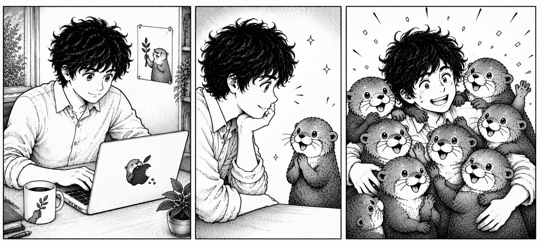 Three panels: someone working at a laptop, then meeting an otter, then surrounded by a small, very enthusiastic crowd of otters.