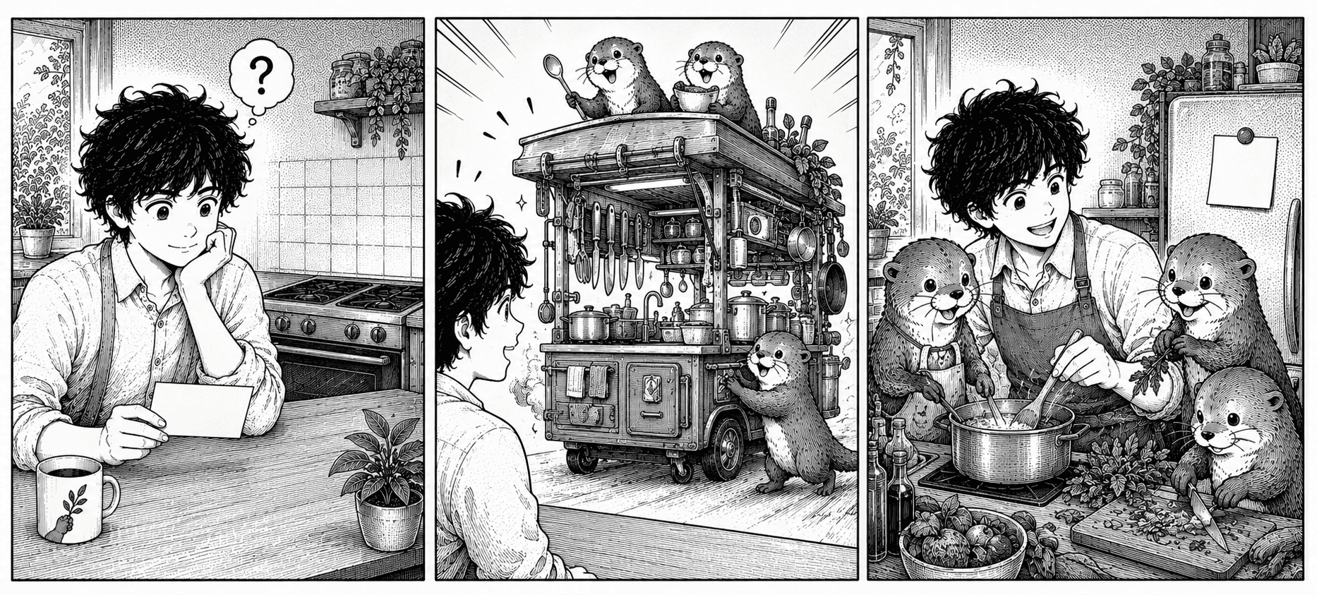 Three panels: a developer at a kitchen counter holding a single blank index card, then a kitchen-on-wheels rolling in pushed by otters, then everyone cooking together with the card pinned to the fridge.